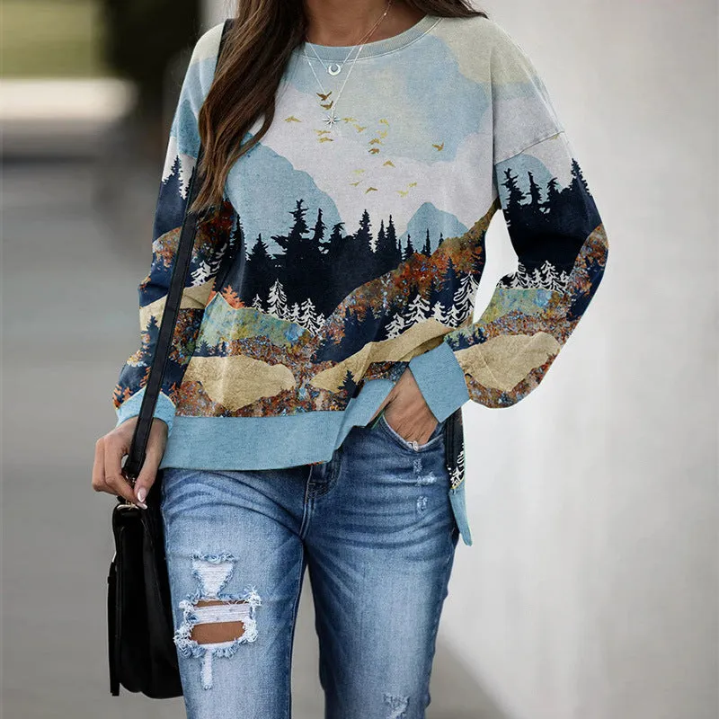 Round Neck Floral Printed T-Shirts Blouses Sweatshirts