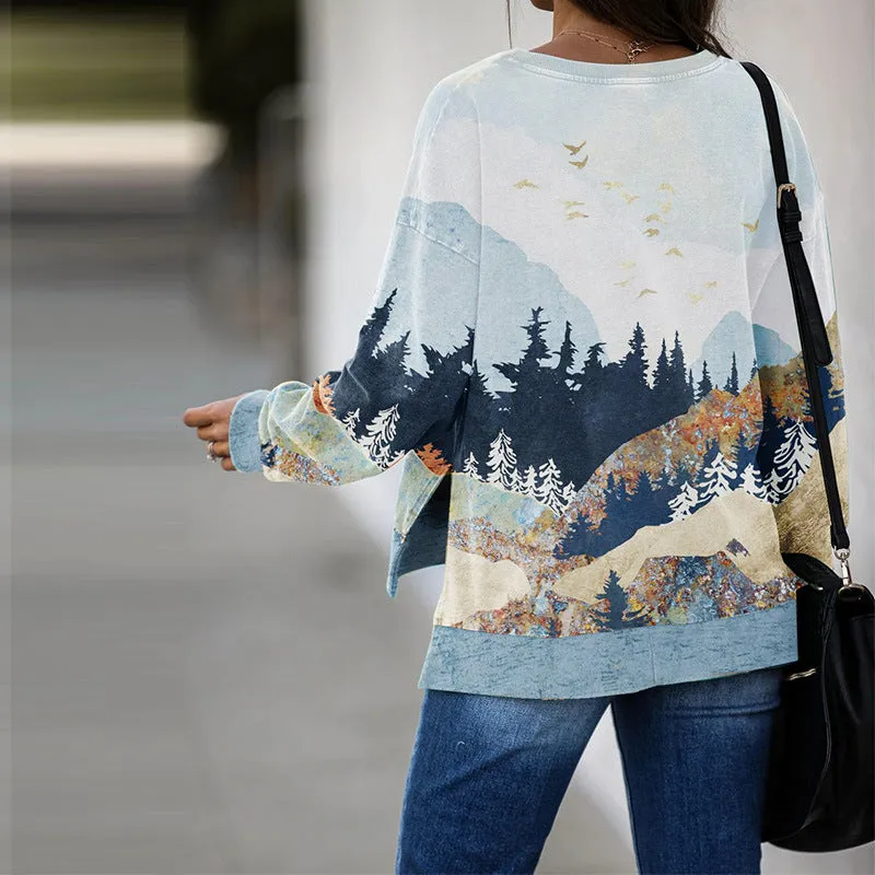 Round Neck Floral Printed T-Shirts Blouses Sweatshirts