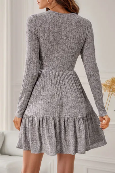 Round Neck Long Sleeve Ruffle Hem Dress