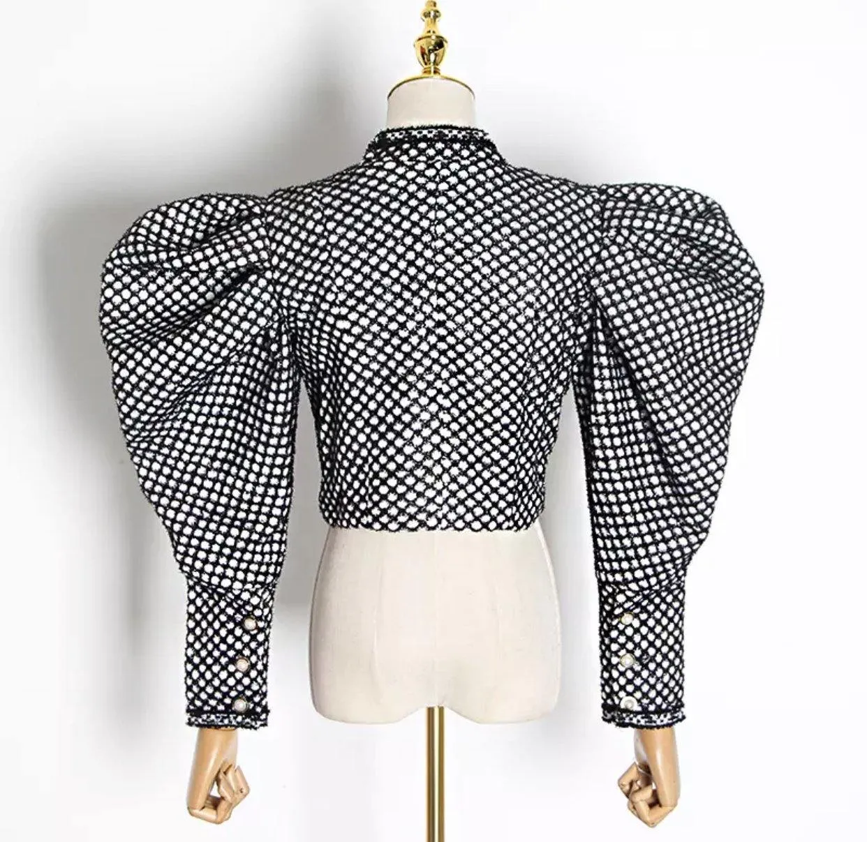 Ruched Plaid O Neck Puff Sleeve Top