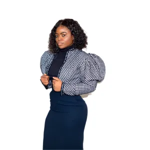 Ruched Plaid O Neck Puff Sleeve Top