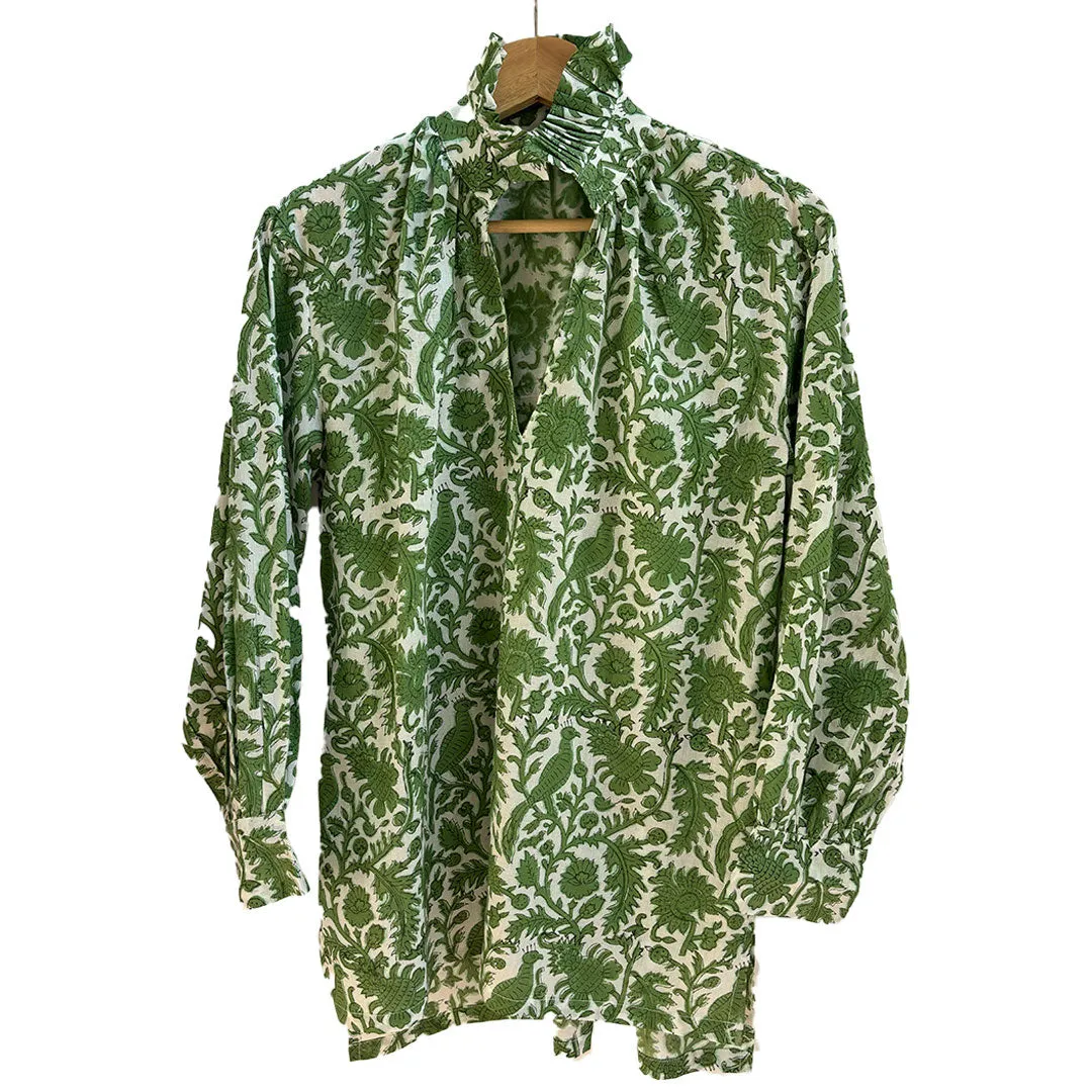 Ruffle Collar Top - Green and White
