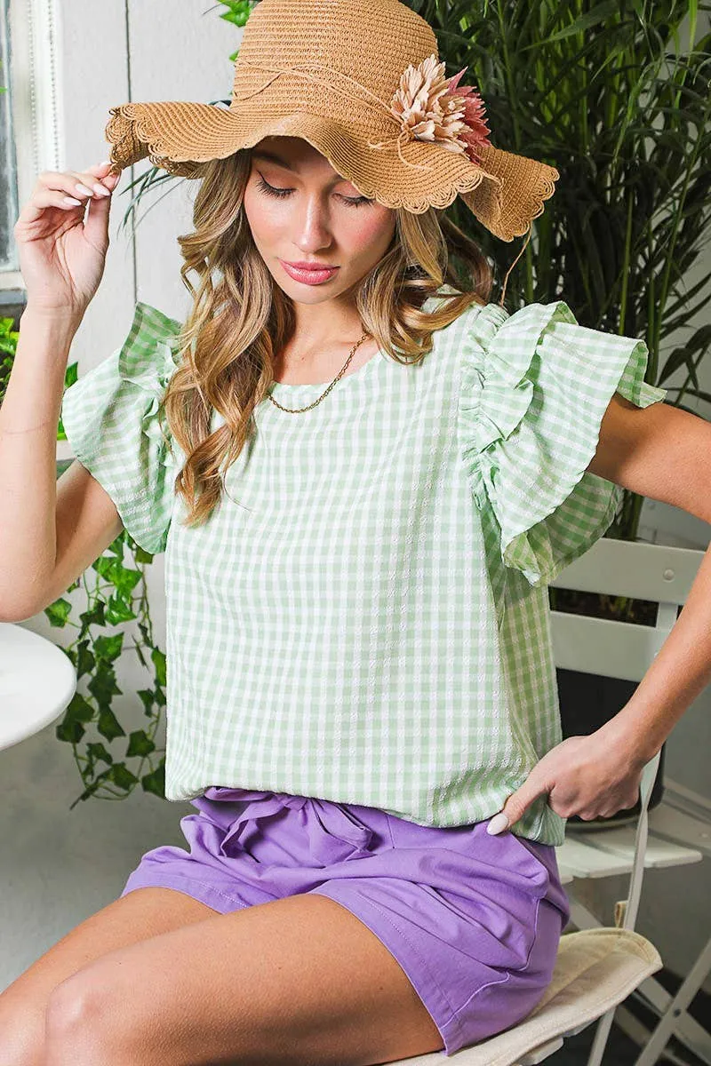 Ruffle Sleeve Gingham Printed Woven Blouse Top VT81609A: L / BLUE