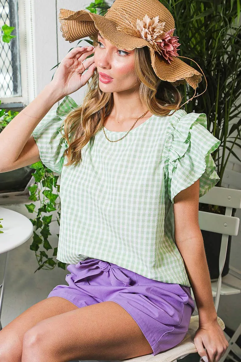 Ruffle Sleeve Gingham Printed Woven Blouse Top VT81609A: L / BLUE