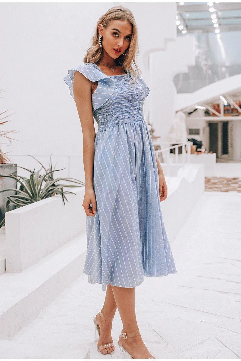 Ruffle Sleeve Midi Dress - Vintage Striped Linen