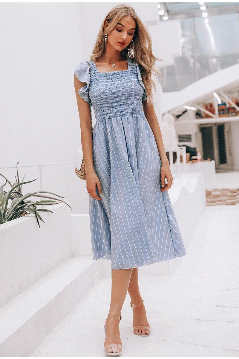 Ruffle Sleeve Midi Dress - Vintage Striped Linen