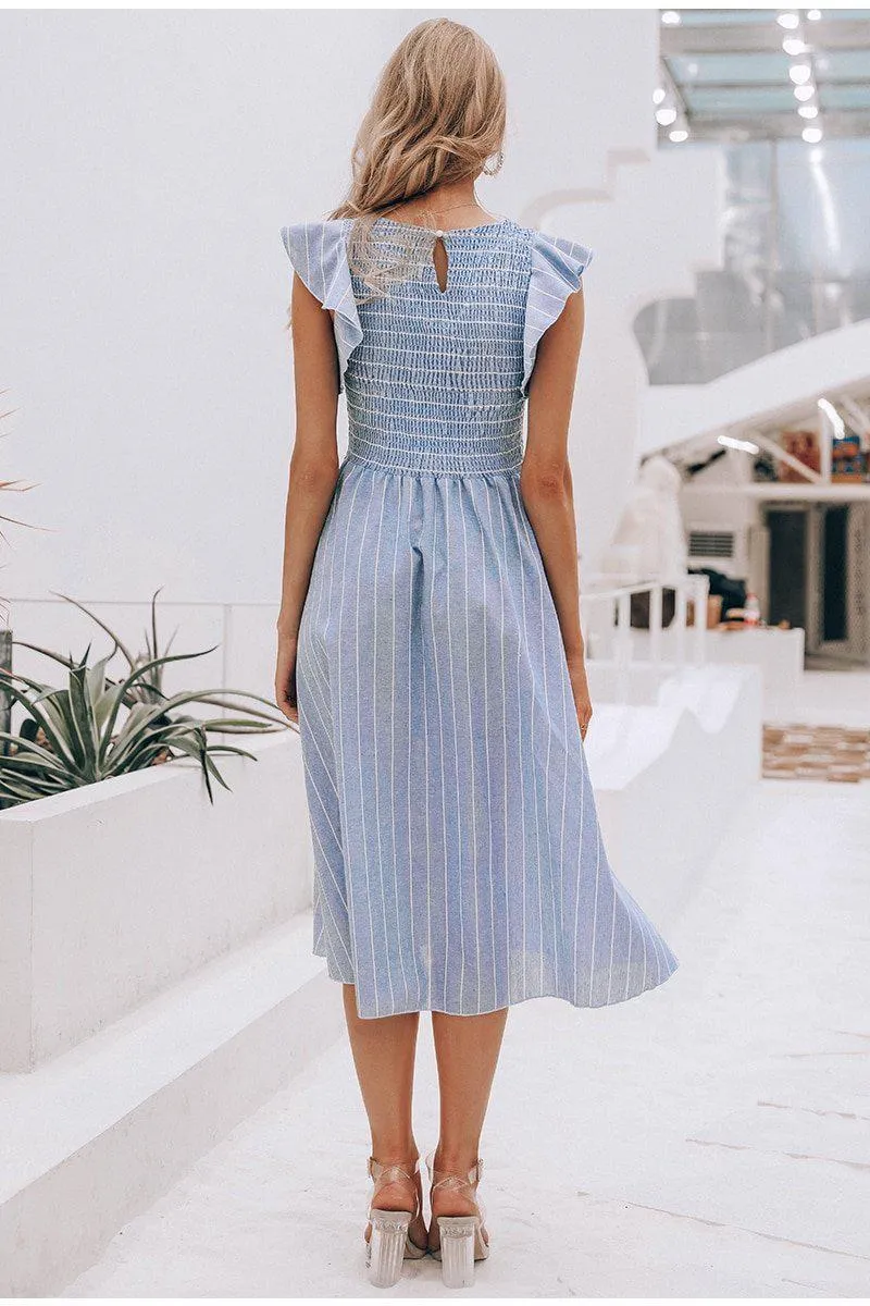 Ruffle Sleeve Midi Dress - Vintage Striped Linen