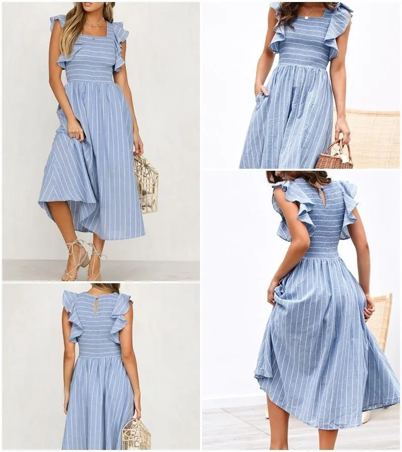 Ruffle Sleeve Midi Dress - Vintage Striped Linen