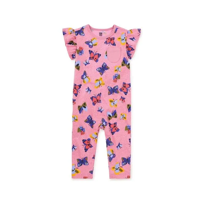 Ruffle Sleeve Pocket Romper - Painted Kenyan Butterflies
