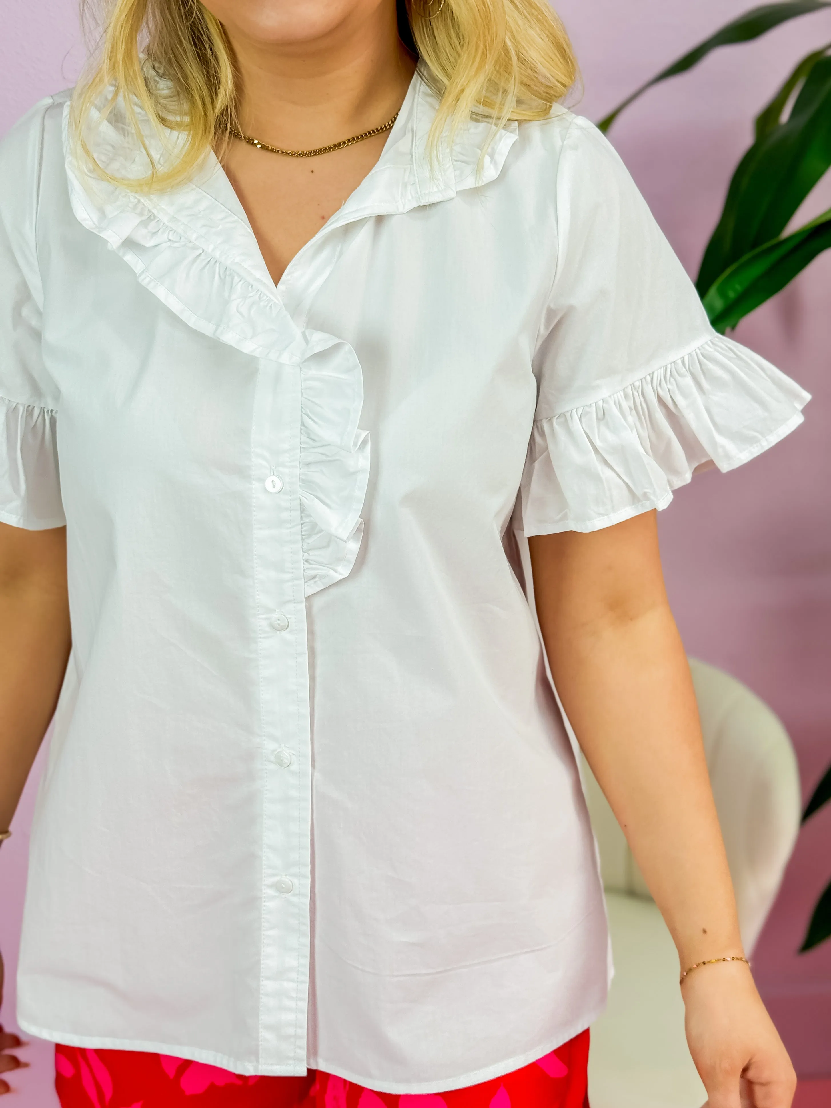 Ruffled Button Down Short Sleeve Top