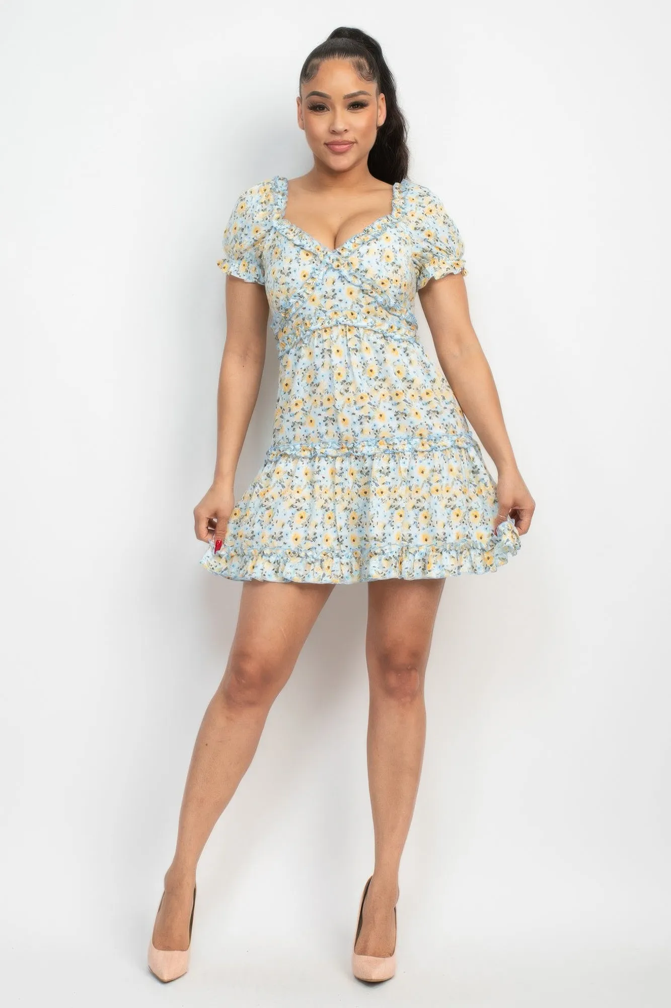 Ruffled Floral Puff Sleeve Dress
