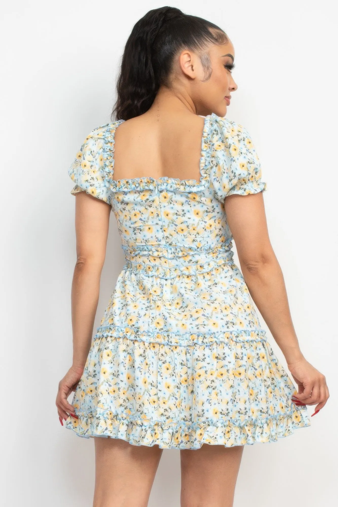 Ruffled Floral Puff Sleeve Dress