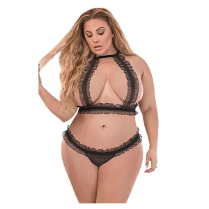 Ruffled Halter Bra & Split Crotch Thong Black Plus