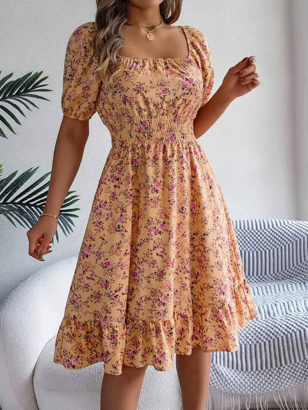 Ruffled Hem Smocked Printed Puff Sleeve Dress