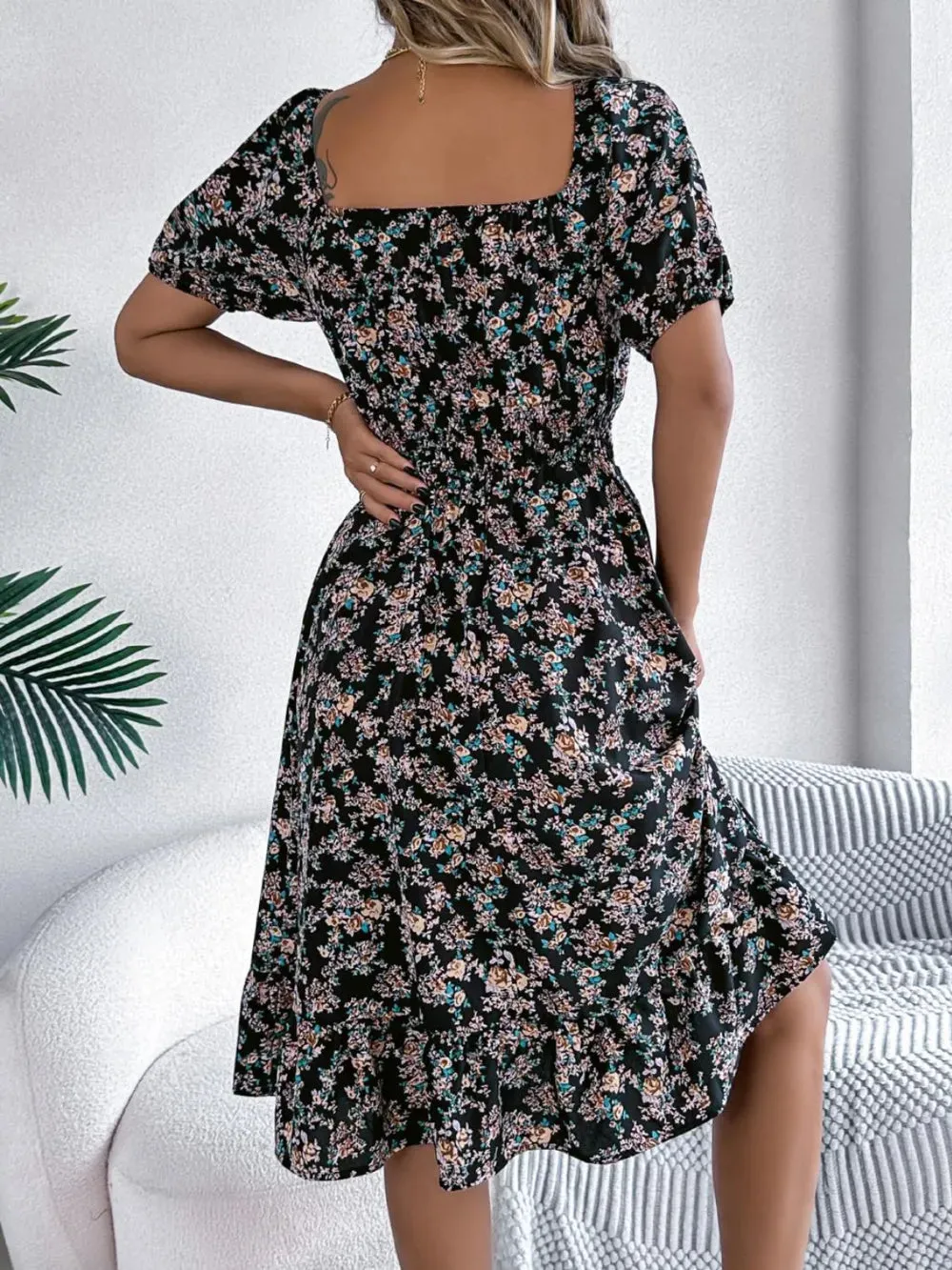Ruffled Hem Smocked Printed Puff Sleeve Dress