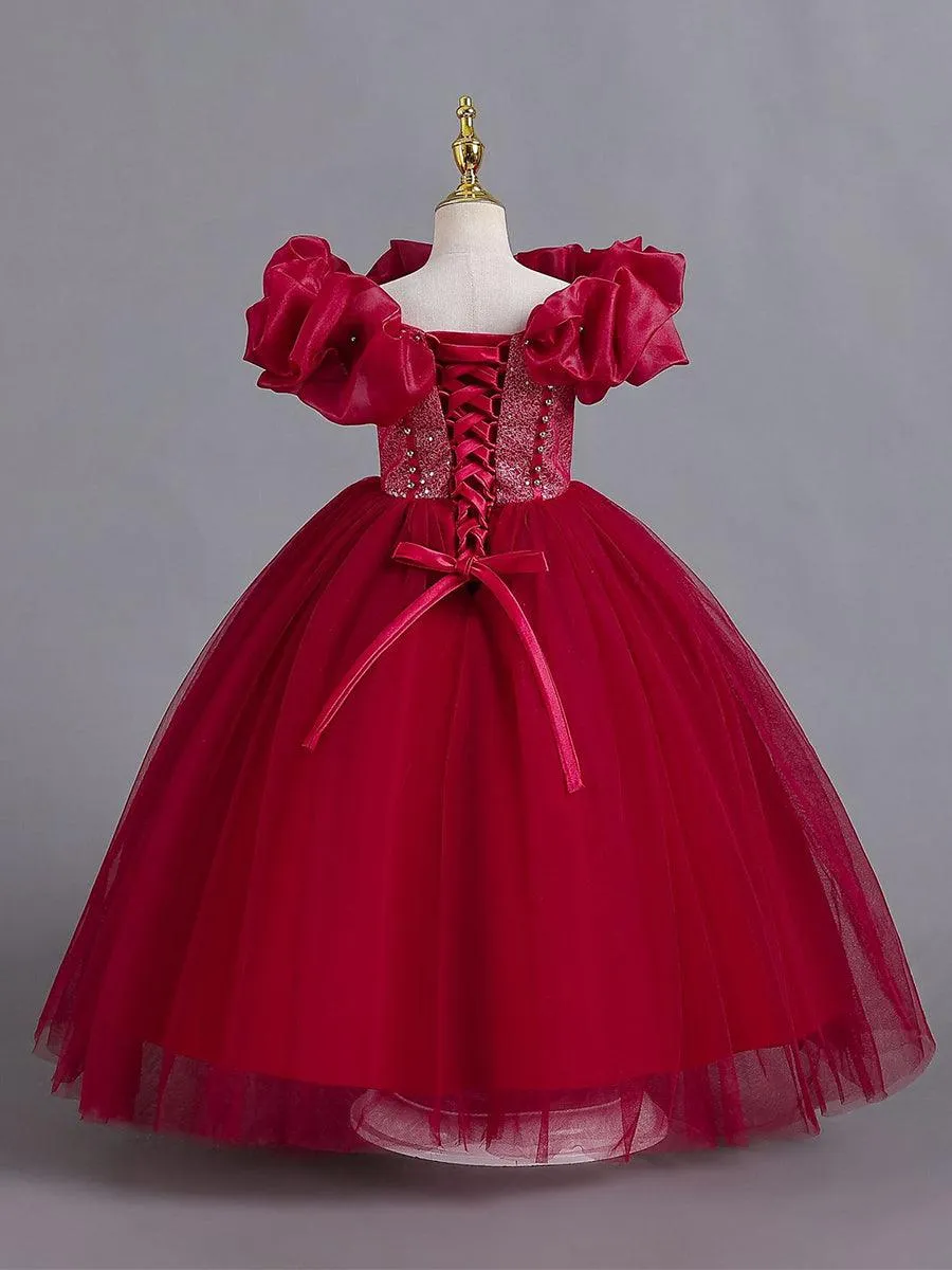 Ruffled Off Shoulder Corset Lace-back Girl Dress MKD1011