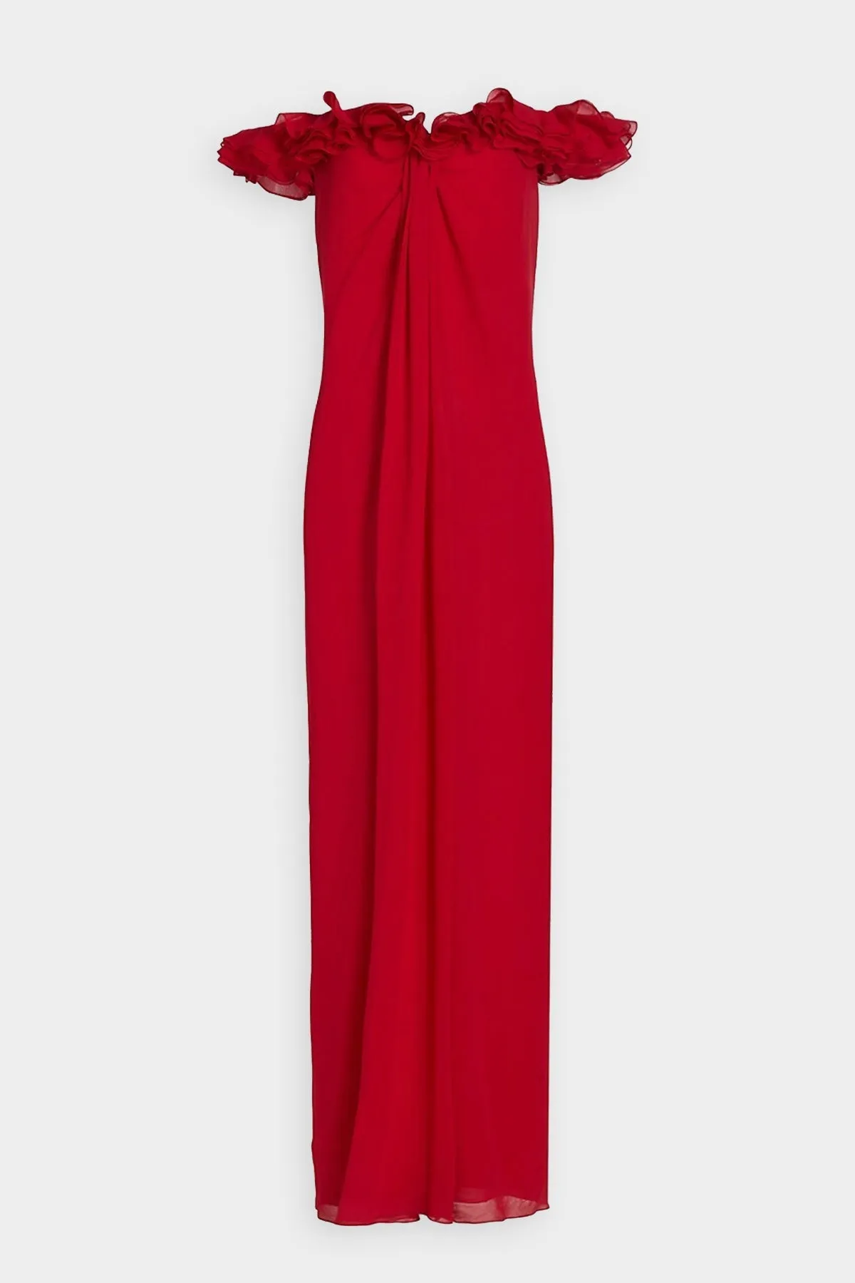 Ruffled Off-The-Shoulder Gown in Red Currant