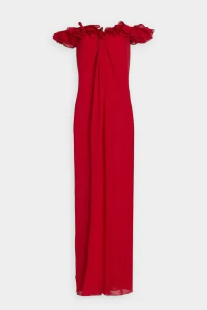 Ruffled Off-The-Shoulder Gown in Red Currant