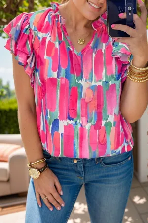 Ruffled Printed Notched Cap Sleeve Blouse