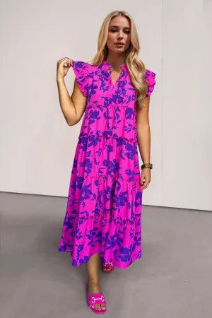 Ruffled Printed Notched Cap Sleeve Midi Dress