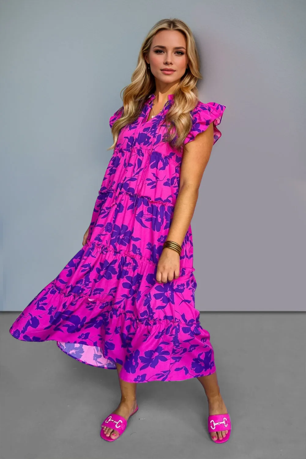 Ruffled Printed Notched Cap Sleeve Midi Dress