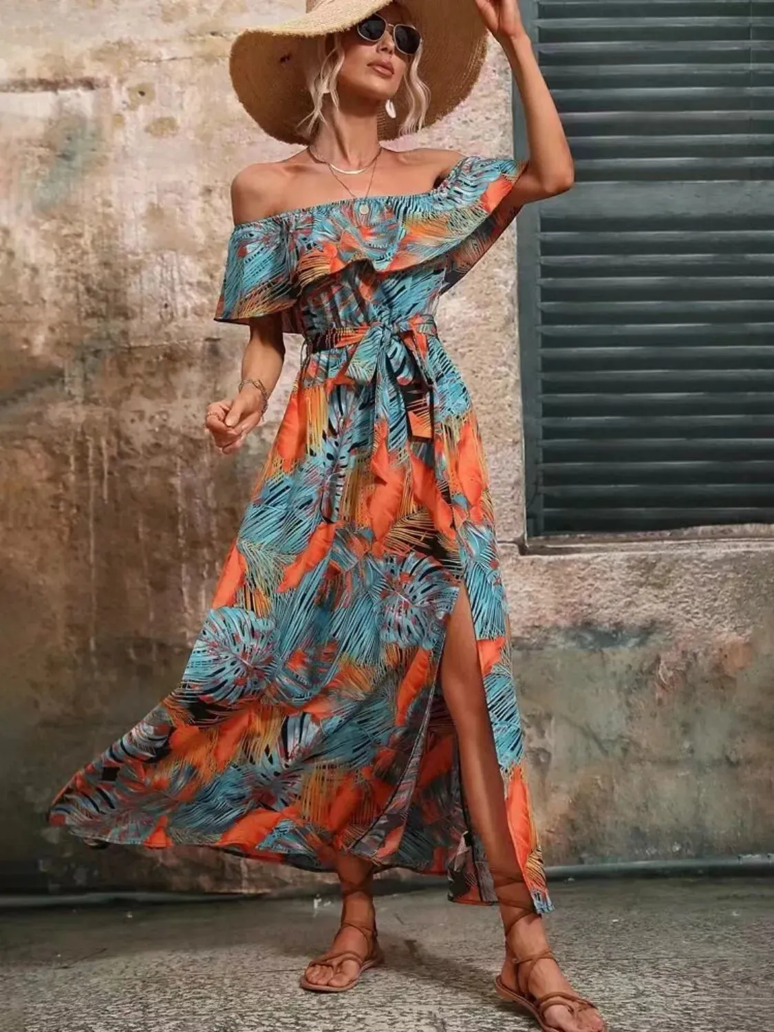 Ruffled Printed Off Shoulder Maxi Dress