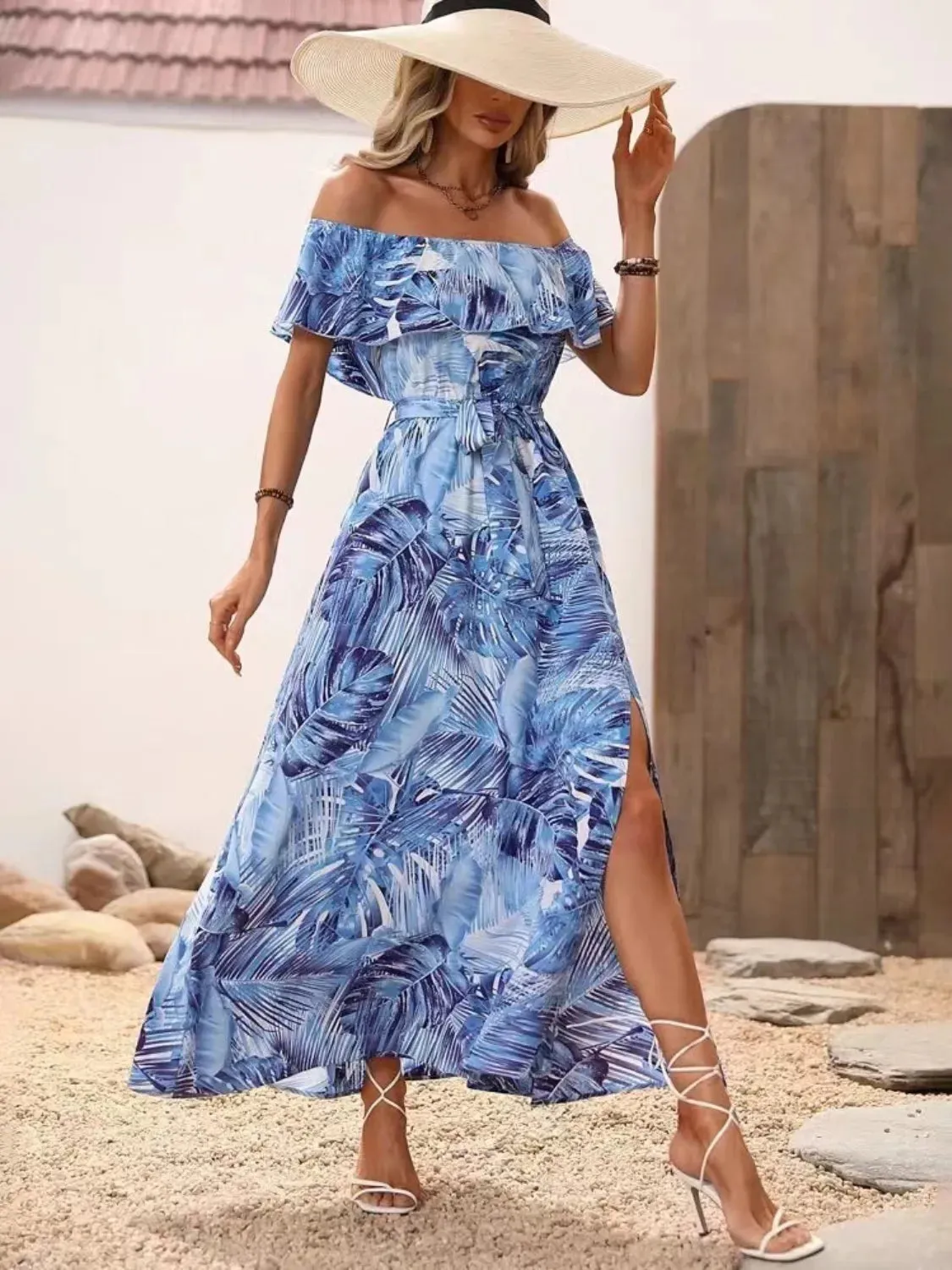 Ruffled Printed Off Shoulder Maxi Dress