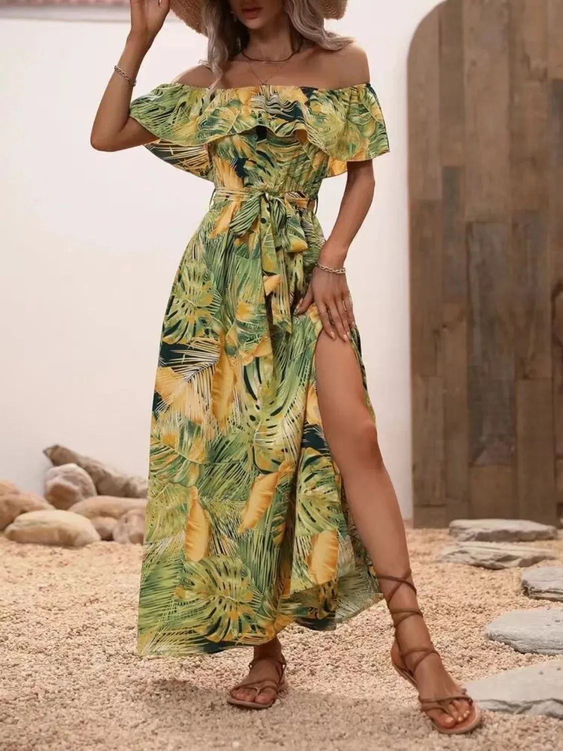Ruffled Printed Off Shoulder Maxi Dress