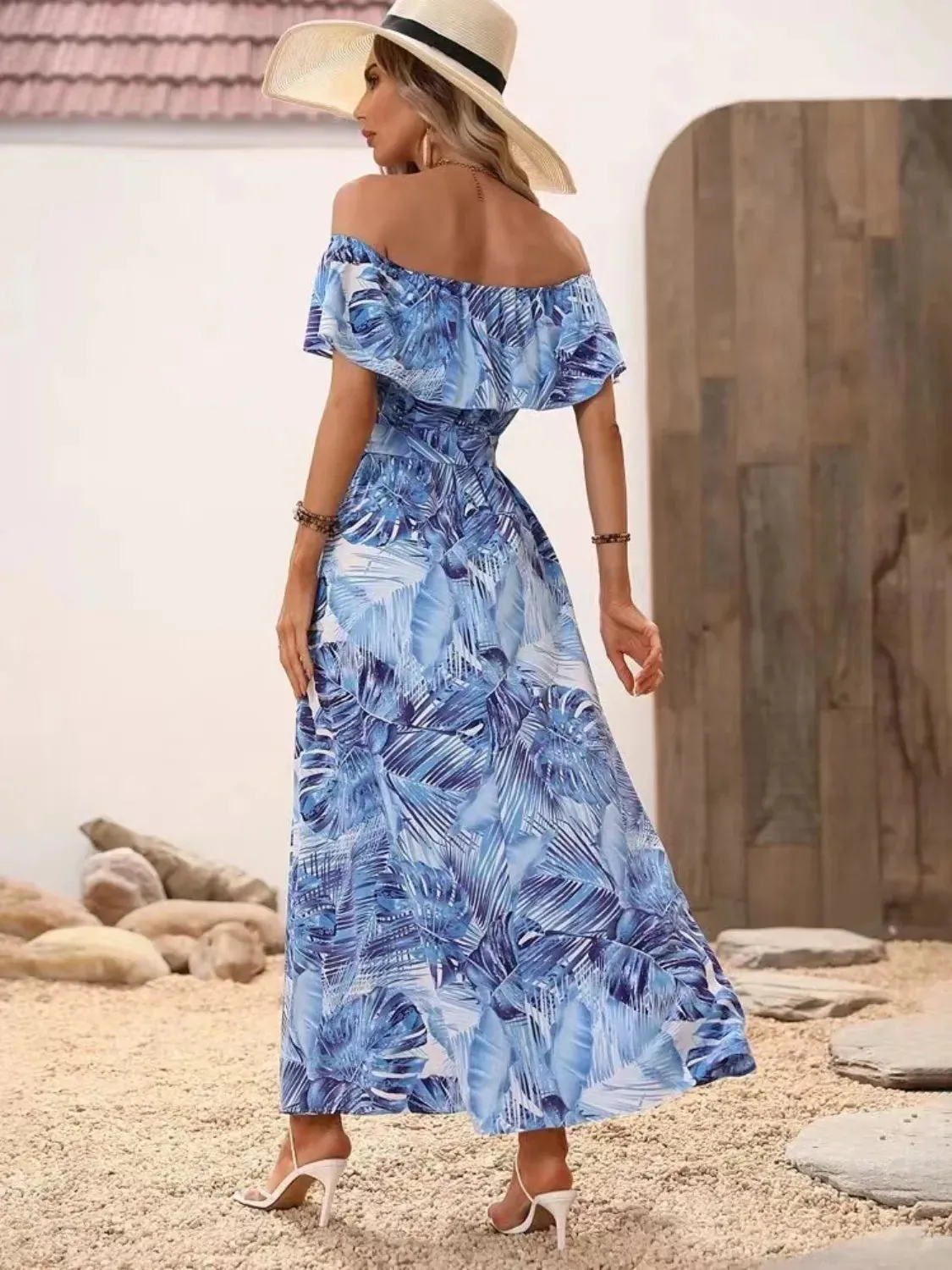 Ruffled Printed Off Shoulder Maxi Dress