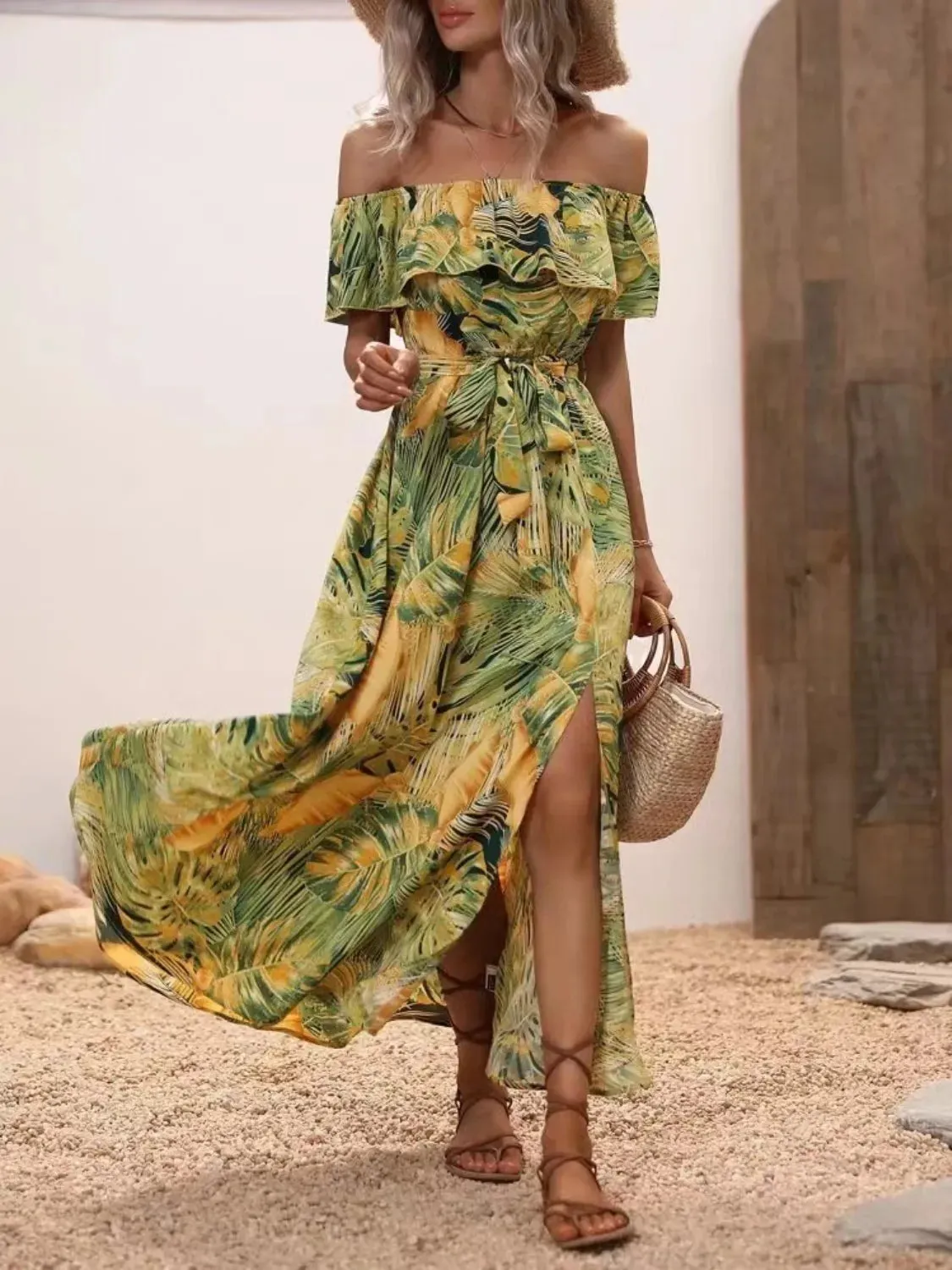 Ruffled Printed Off Shoulder Maxi Dress