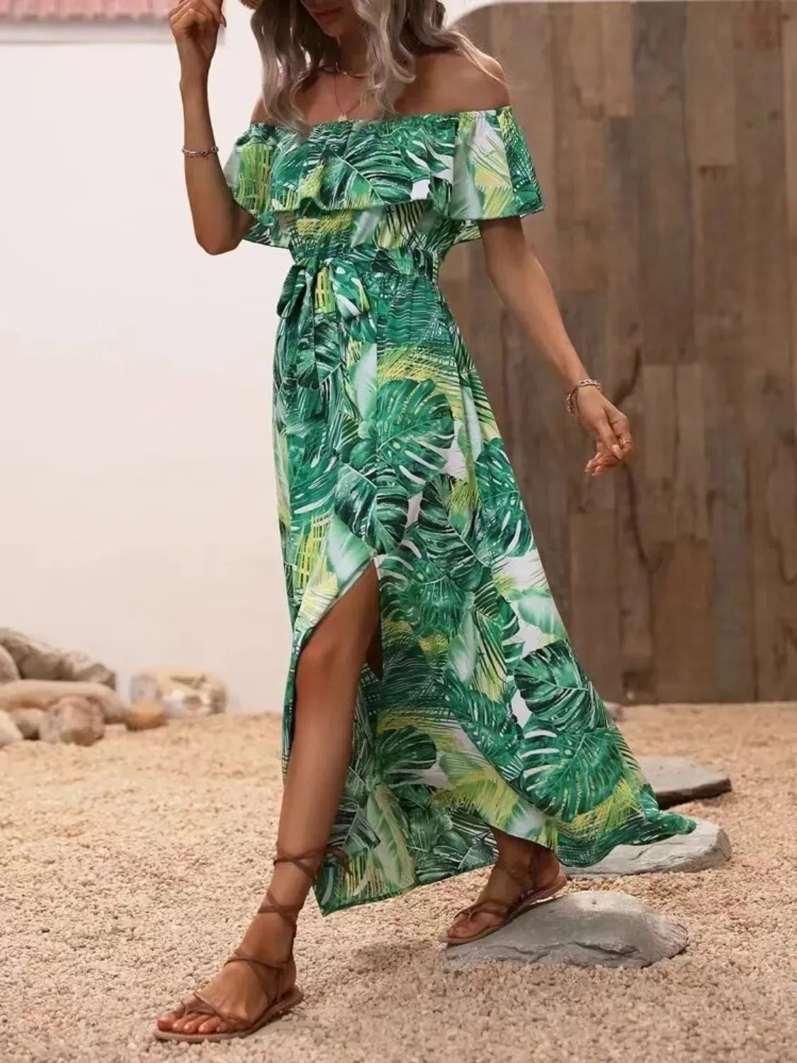 Ruffled Printed Off Shoulder Maxi Dress