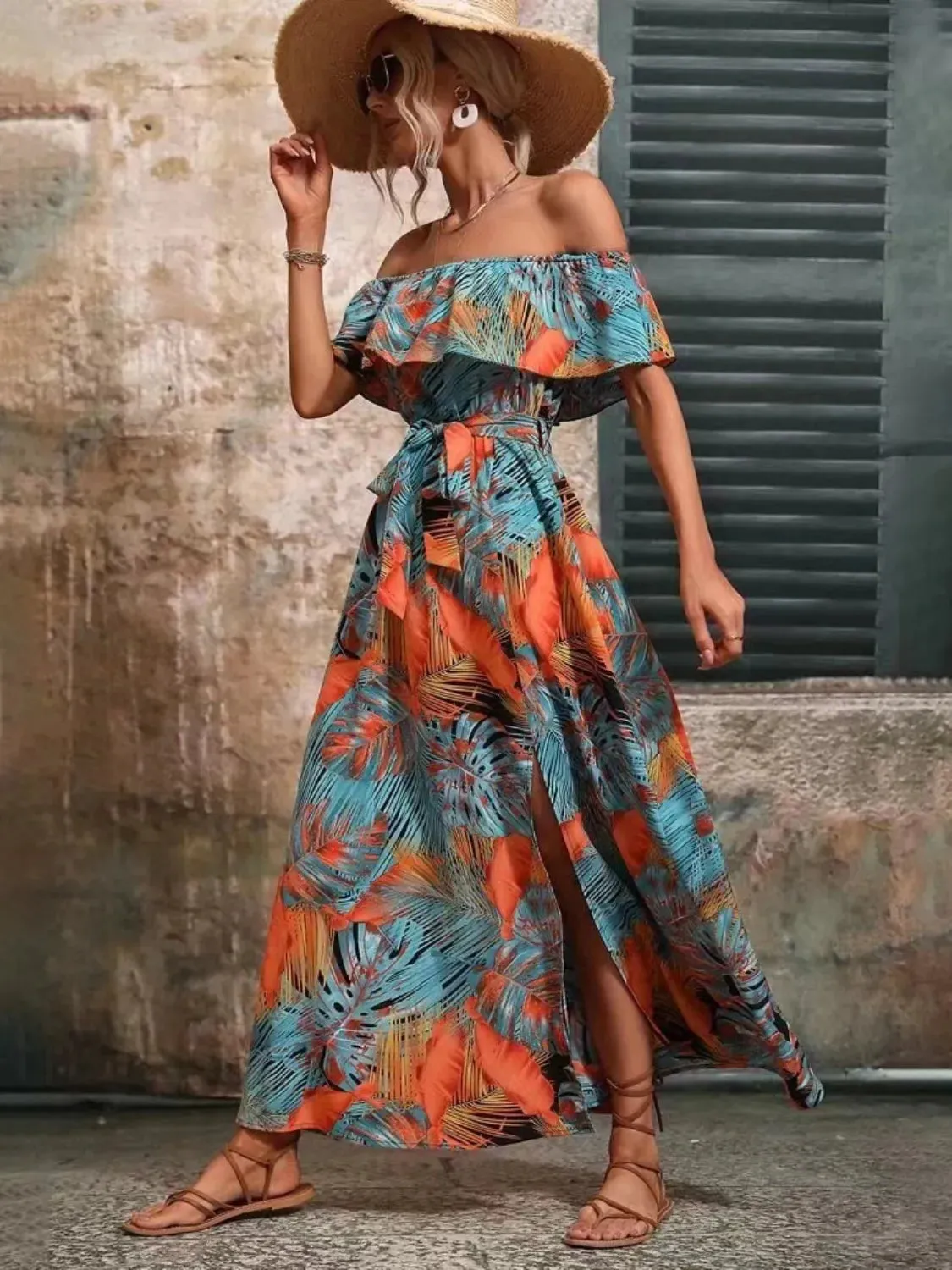Ruffled Printed Off Shoulder Maxi Dress
