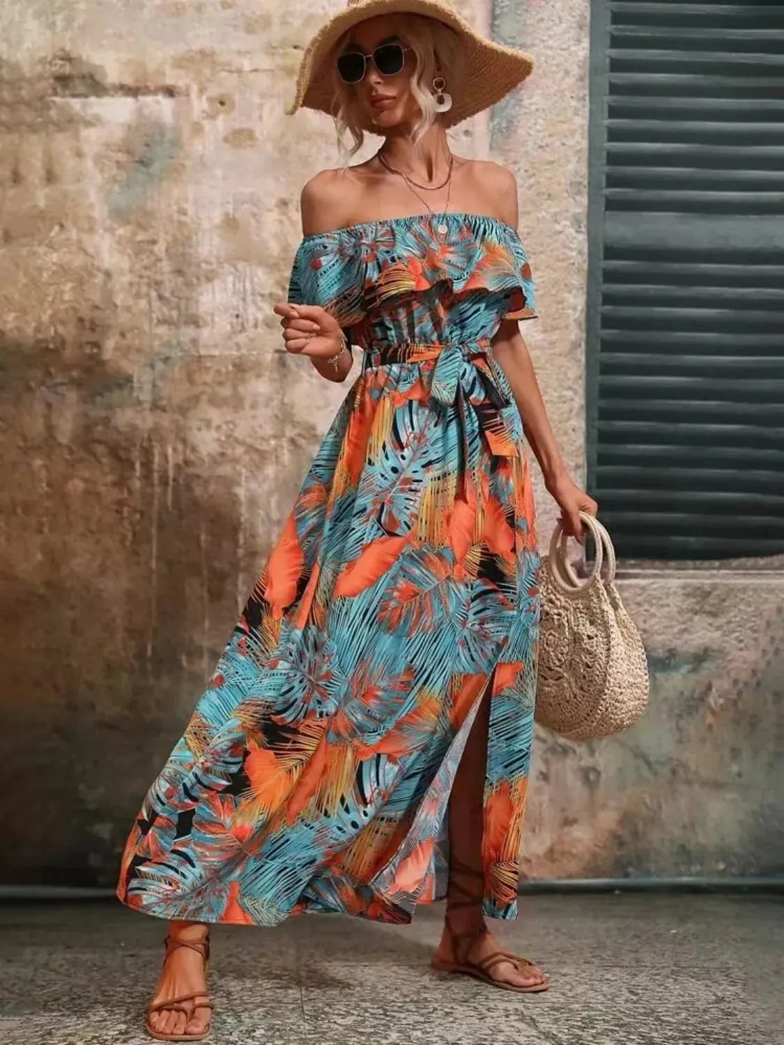 Ruffled Printed Off Shoulder Maxi Dress