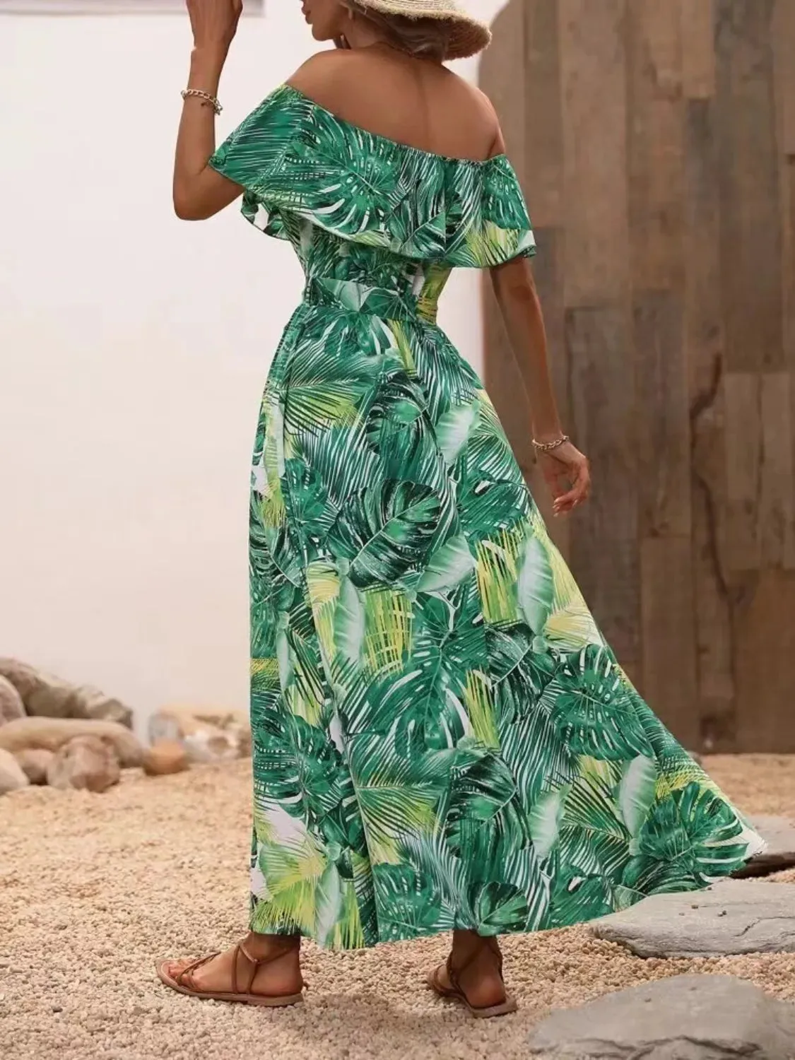 Ruffled Printed Off Shoulder Maxi Dress