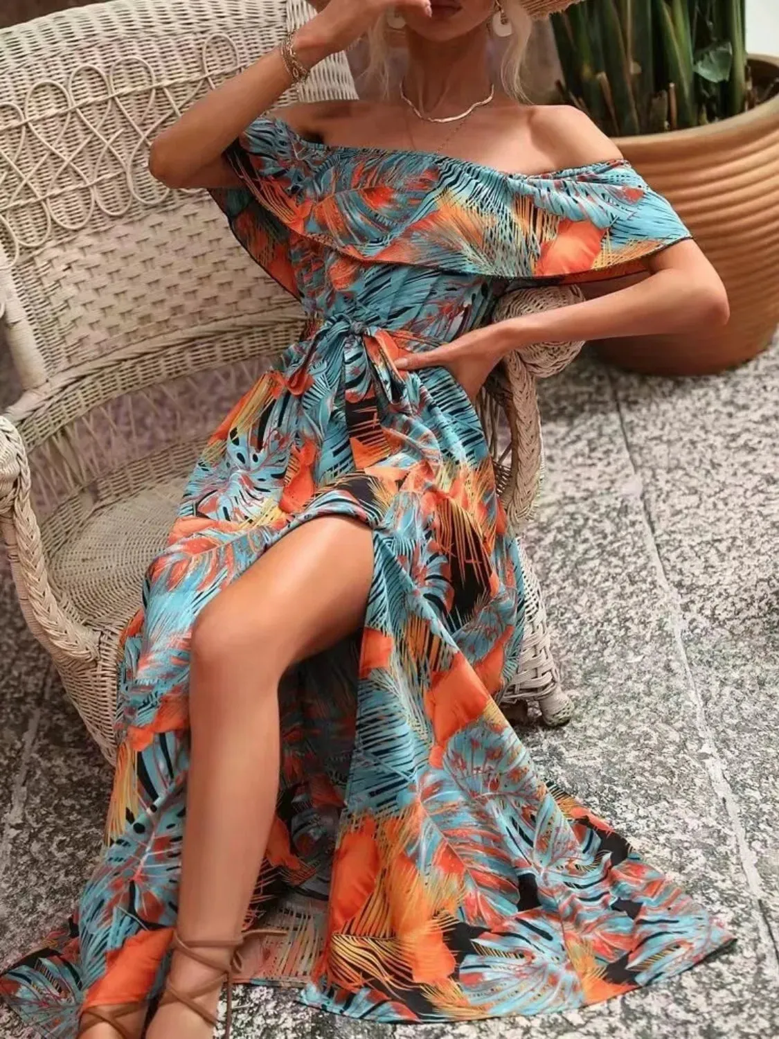Ruffled Printed Off Shoulder Maxi Dress