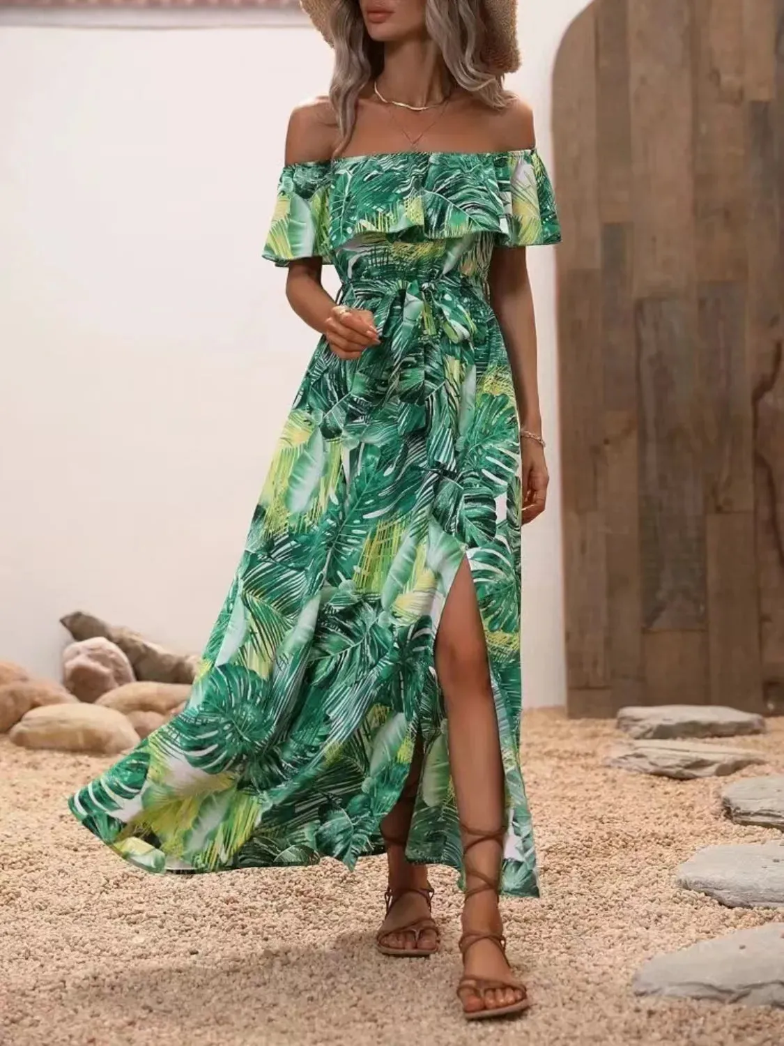 Ruffled Printed Off Shoulder Maxi Dress