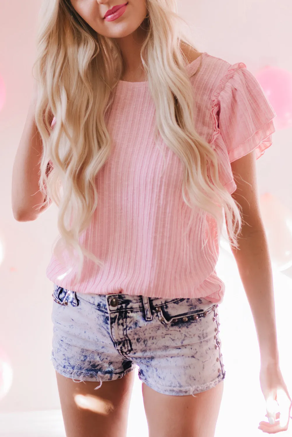 Ruffled Rib Knitted Short Sleeve T Shirt