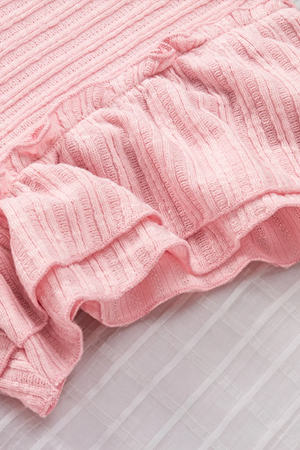 Ruffled Rib Knitted Short Sleeve T Shirt
