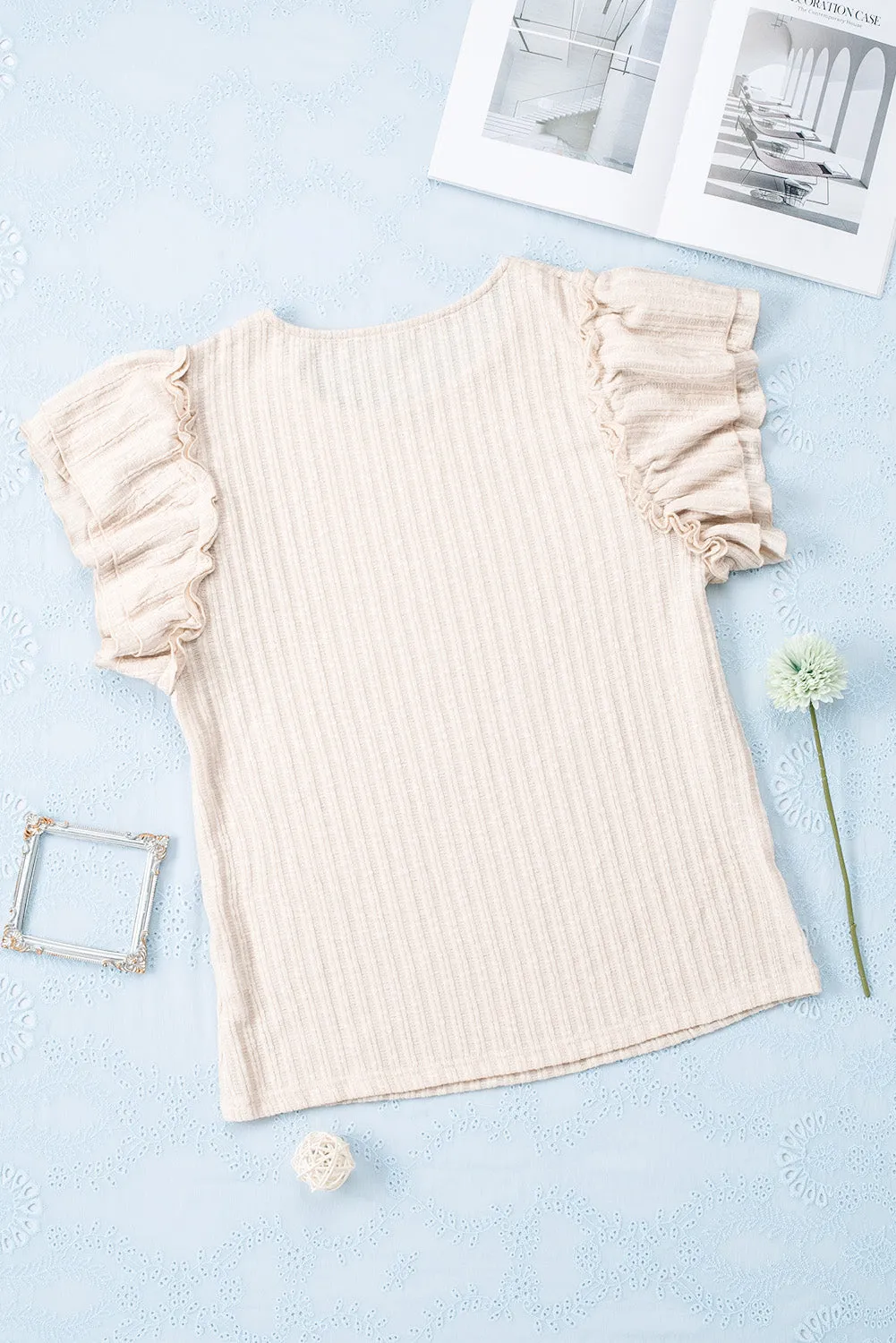 Ruffled Rib Knitted Short Sleeve T Shirt