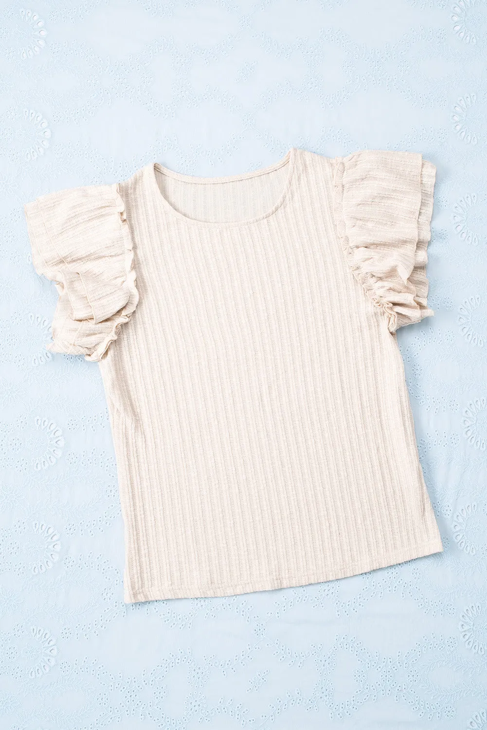 Ruffled Rib Knitted Short Sleeve T Shirt