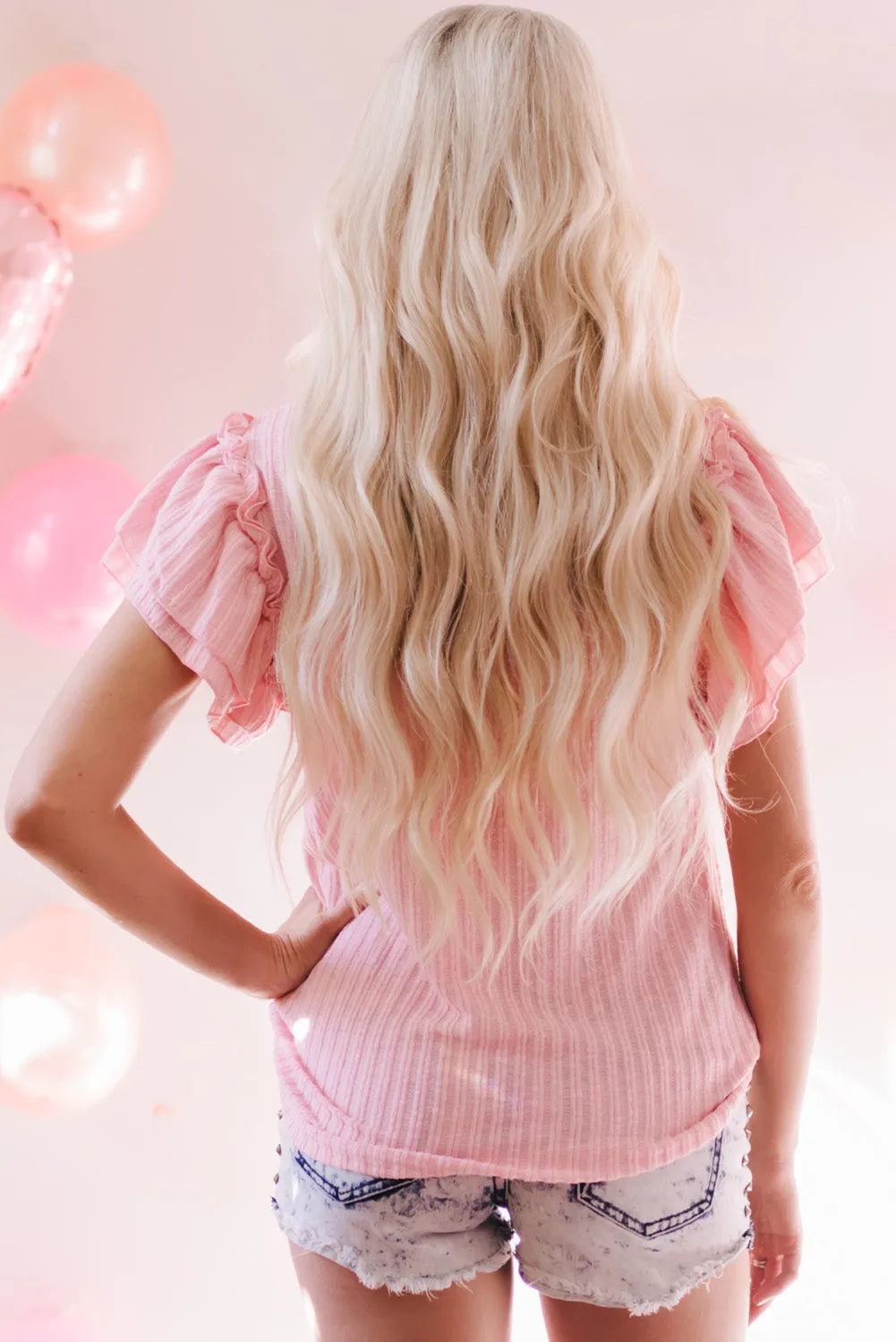 Ruffled Rib Knitted Short Sleeve T Shirt