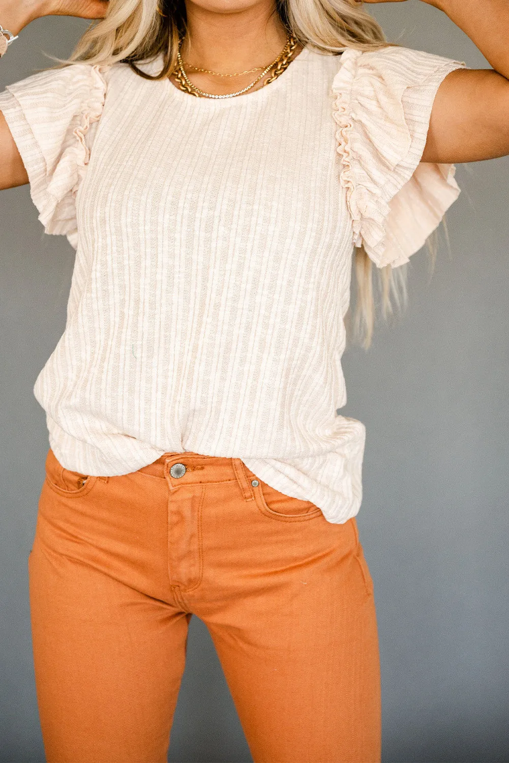 Ruffled Rib Knitted Short Sleeve T Shirt