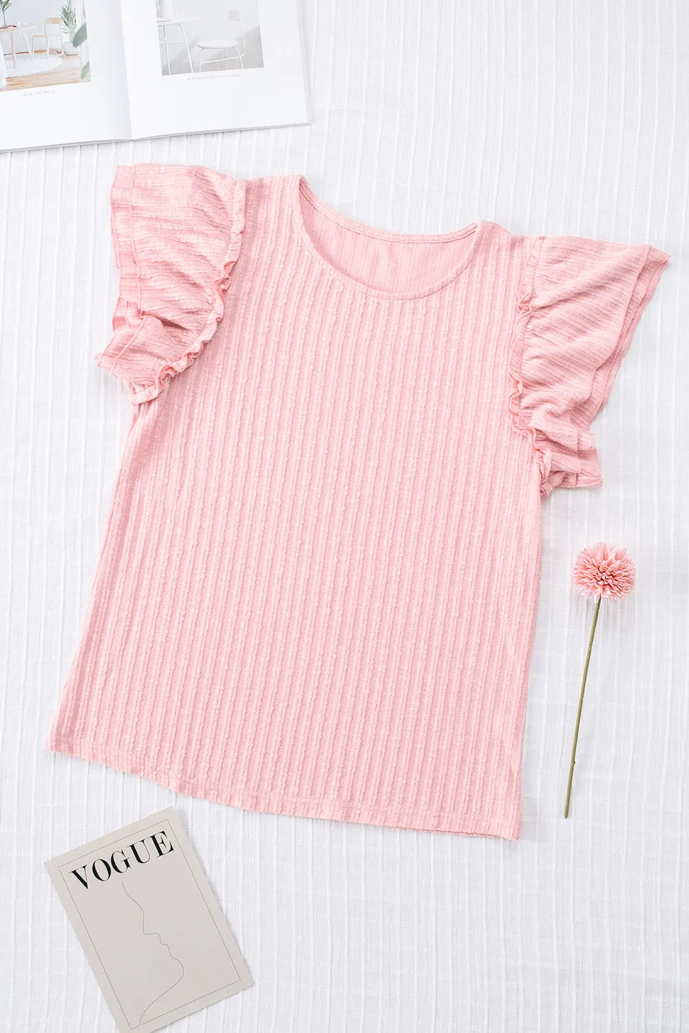 Ruffled Rib Knitted Short Sleeve T Shirt