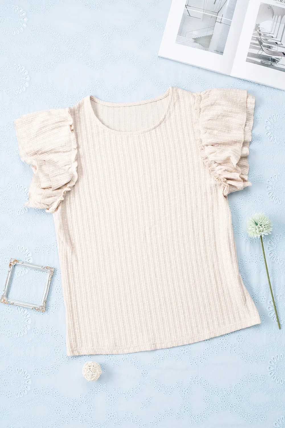 Ruffled Rib Knitted Short Sleeve T Shirt
