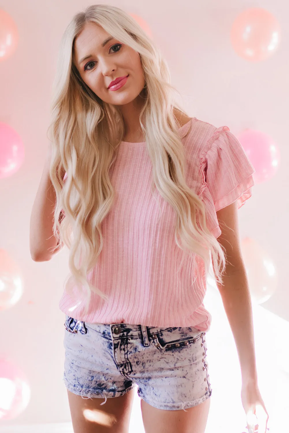 Ruffled Rib Knitted Short Sleeve T Shirt