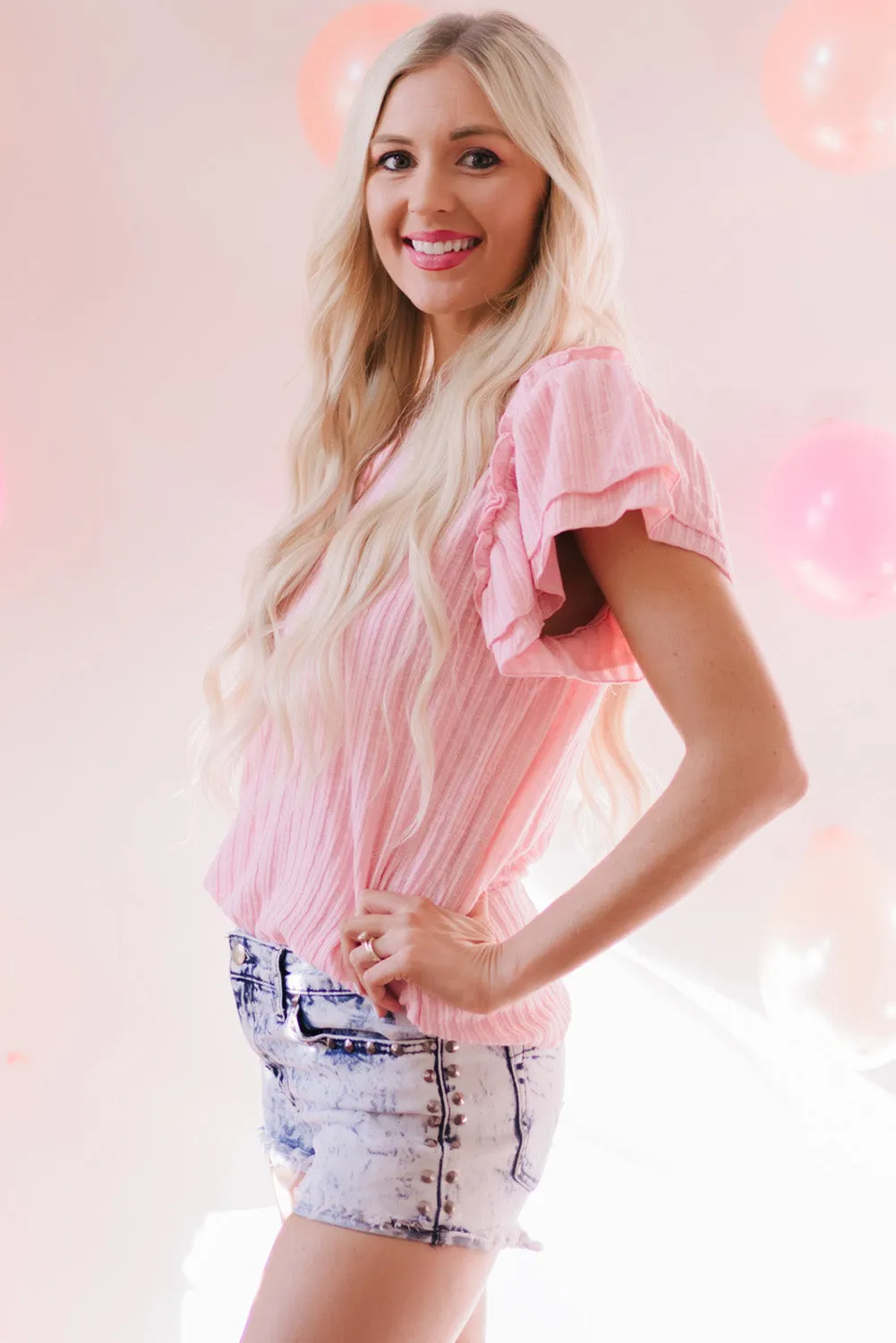 Ruffled Rib Knitted Short Sleeve T Shirt