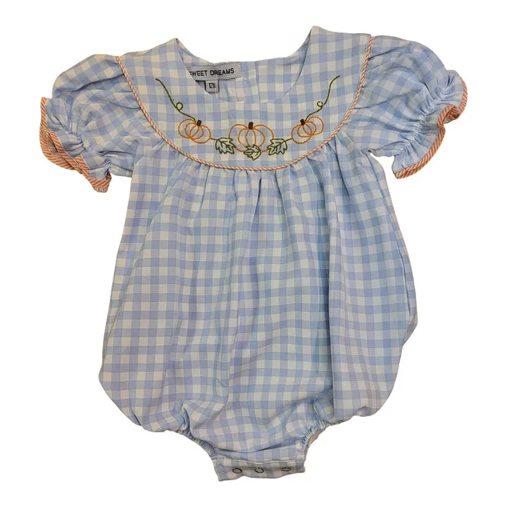 Ruffled Short Sleeve Embroidered Pumpkin Gingham Bubble