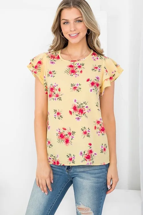 Ruffled Short Sleeve Floral Blouse