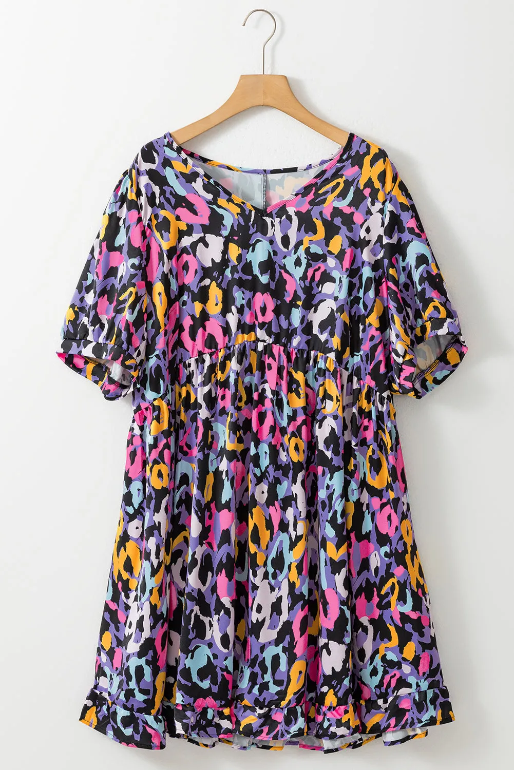 Ruffled V Neck Plus Size Mini Dress
