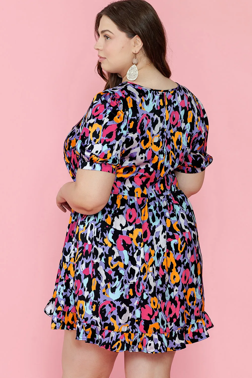 Ruffled V Neck Plus Size Mini Dress